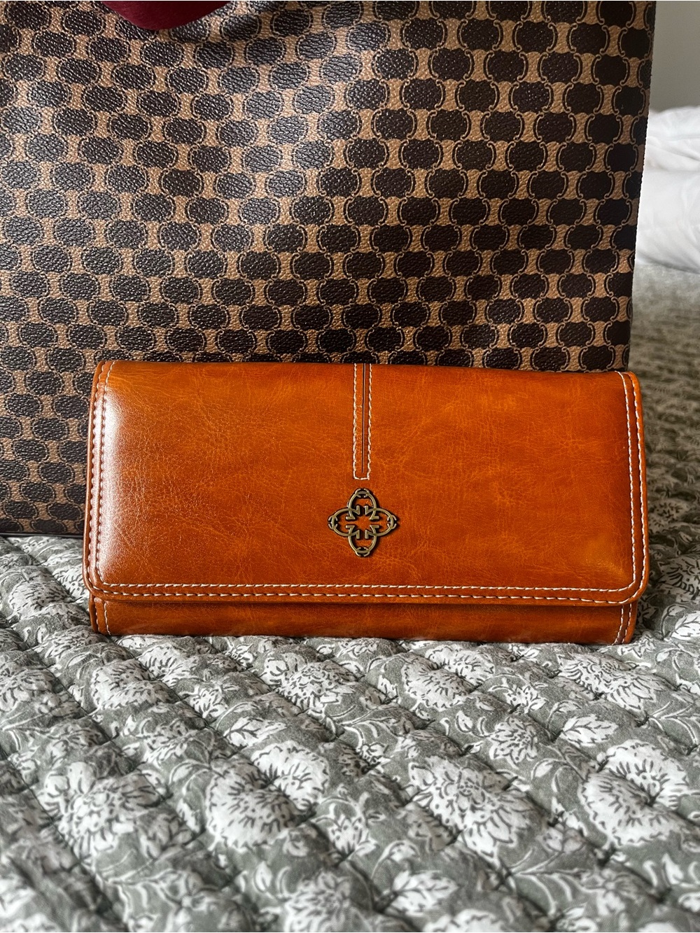 Leather Fold-Over Wallet Clutch - Cognac